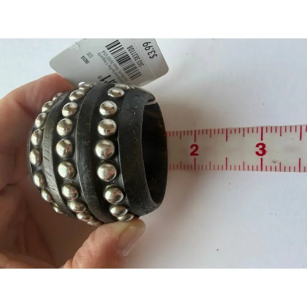 Pier 1 Distressed Black Wood Silver Studded Napkin Rings Set of 4 NWT